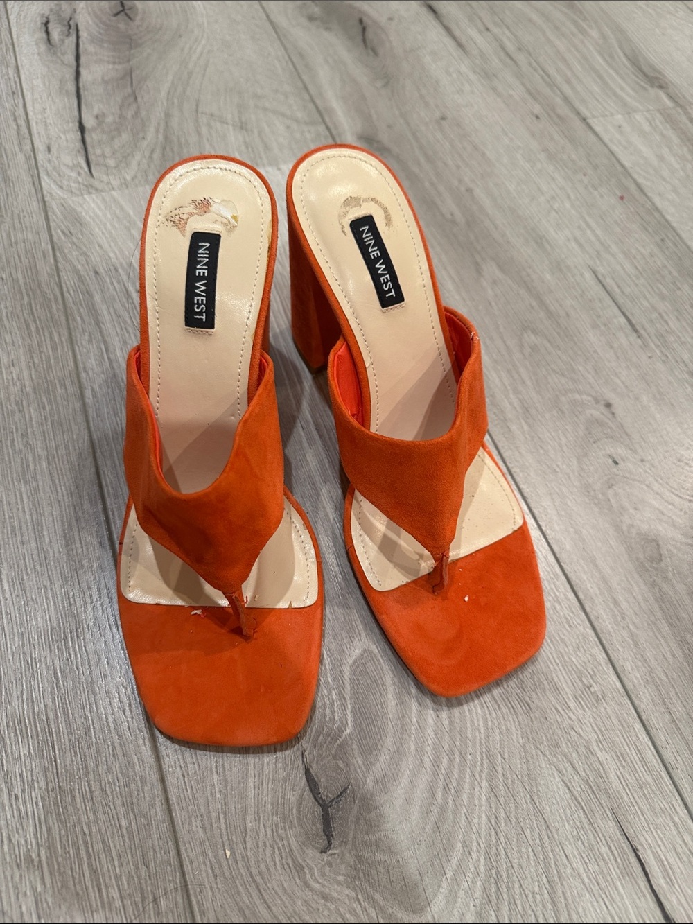 Nine West Orange Suede Block Heel Thong Sandals